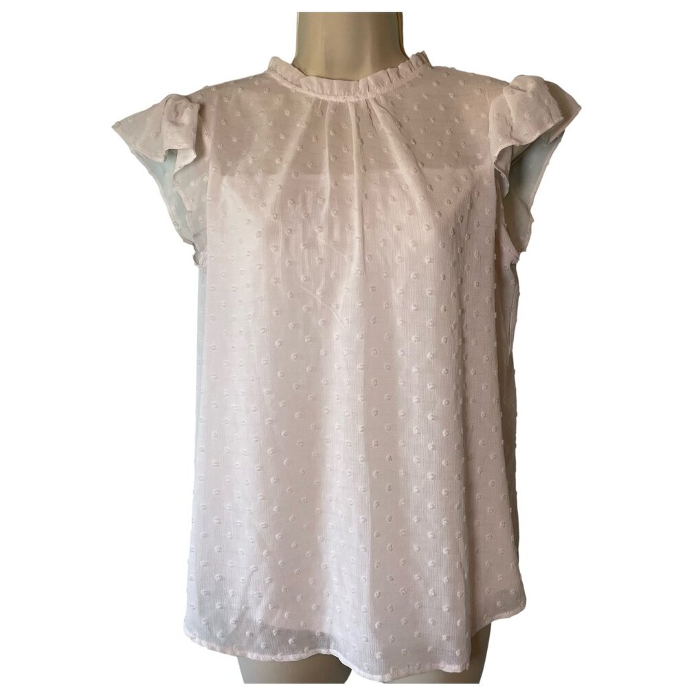 Adrianna Papell‎ Top Womens Size Small Flutter Sleeve White Swiss Dot Capsule